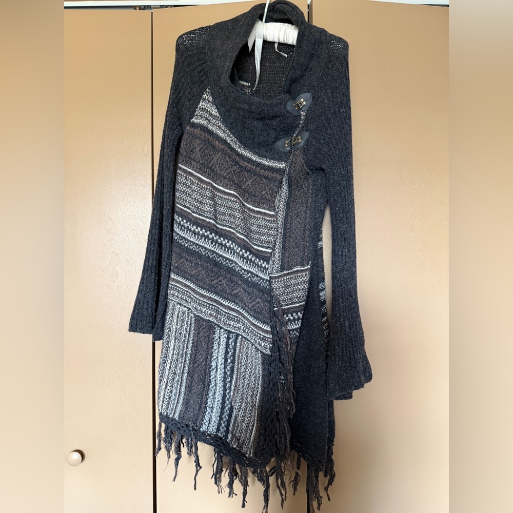 Free People Charcoal & Gray Knit Fringe Asymmetric Cardigan